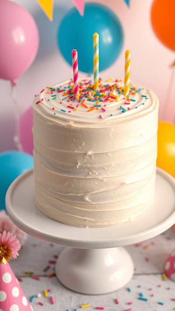 Two-Layer Vanilla Birthday Cake Recipe A two-layer vanilla birthday cake with buttercream frosting and sprinkles, set on a cake stand with party decorations.